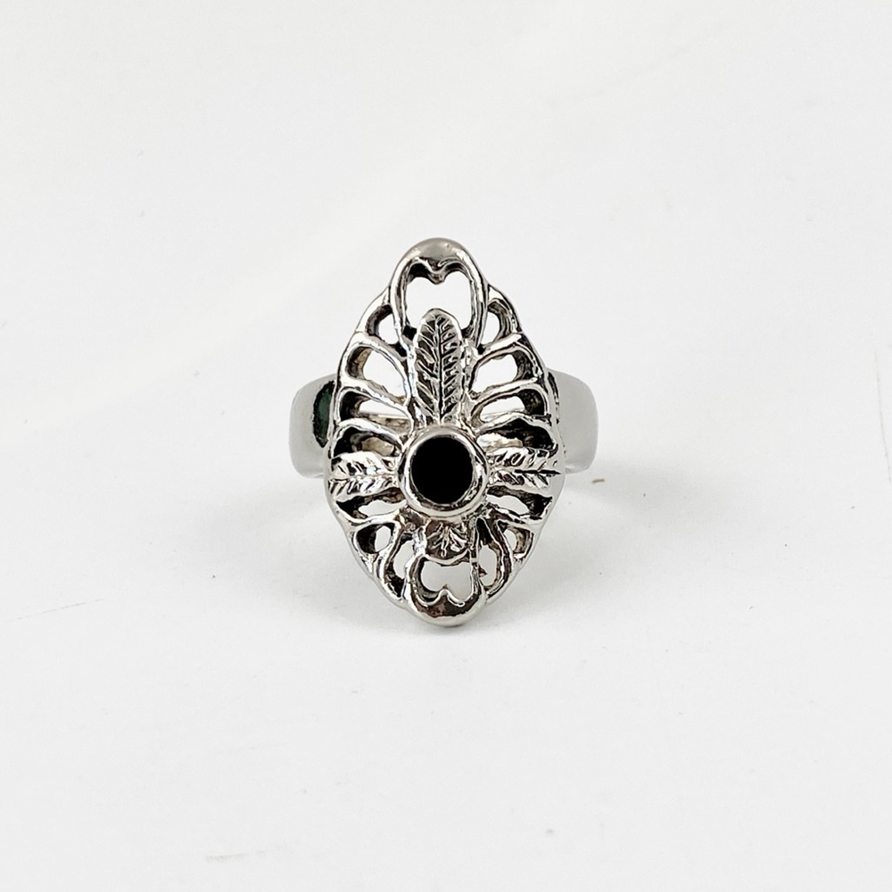 Vintage Native American Style Feather Cross Silver and Black Onyx Statement Ring